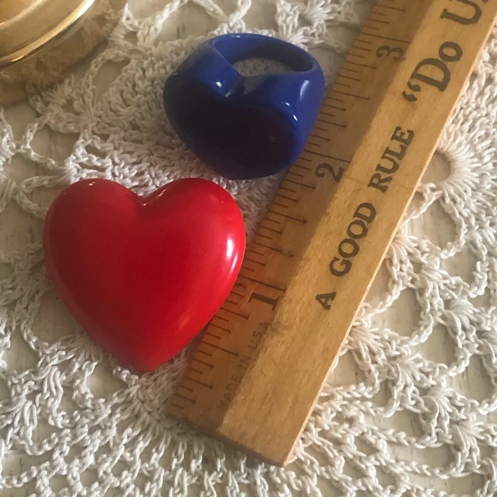 Vintage Lucite Blue Heart Ring & Red Heart Brooch